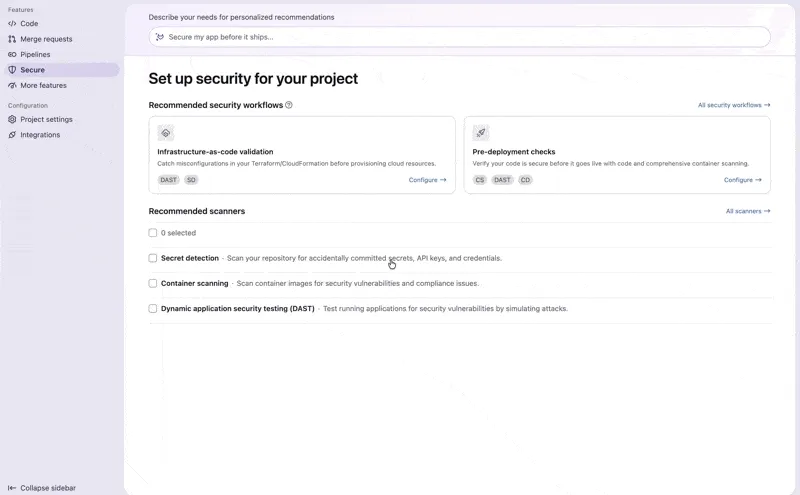 An empty state that says "set up security for your project"