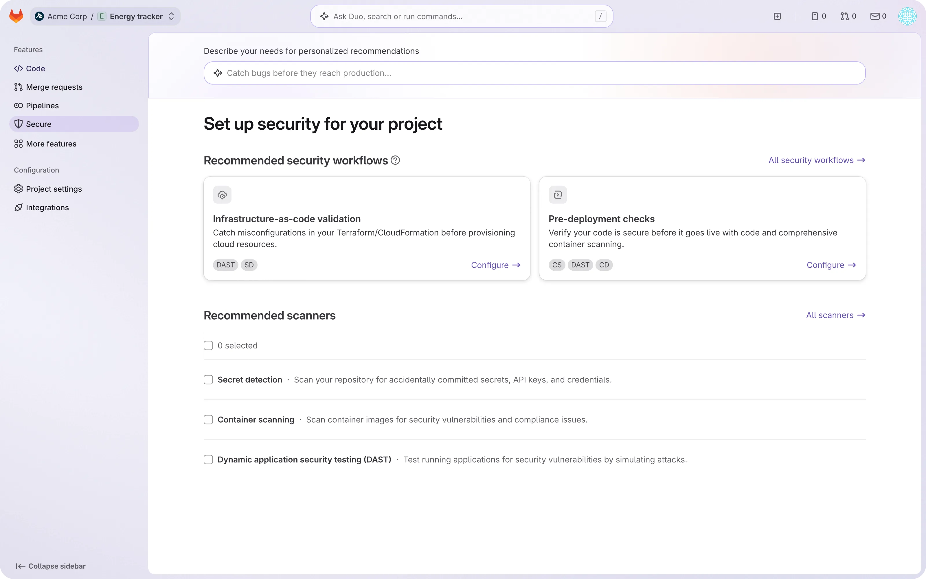 An empty state that says "set up security for your project"
